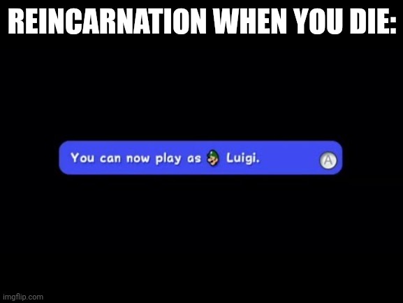 You Can Now Play as Luigi | REINCARNATION WHEN YOU DIE: | image tagged in you can now play as luigi | made w/ Imgflip meme maker