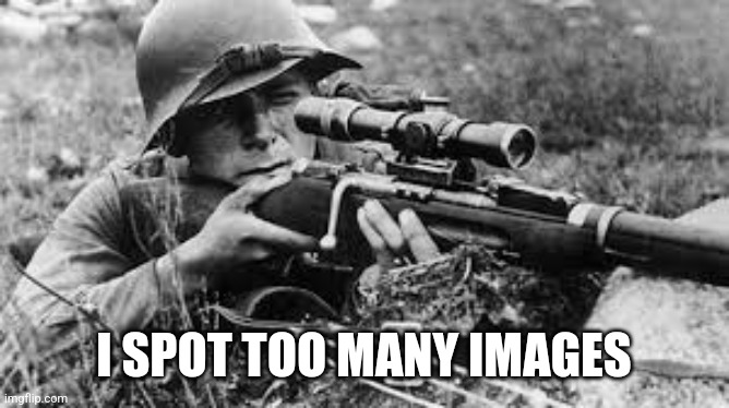 ww2 sniper | I SPOT TOO MANY IMAGES | image tagged in ww2 sniper | made w/ Imgflip meme maker