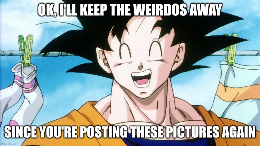 Happy Goku | OK, I'LL KEEP THE WEIRDOS AWAY SINCE YOU'RE POSTING THESE PICTURES AGAIN | image tagged in happy goku | made w/ Imgflip meme maker