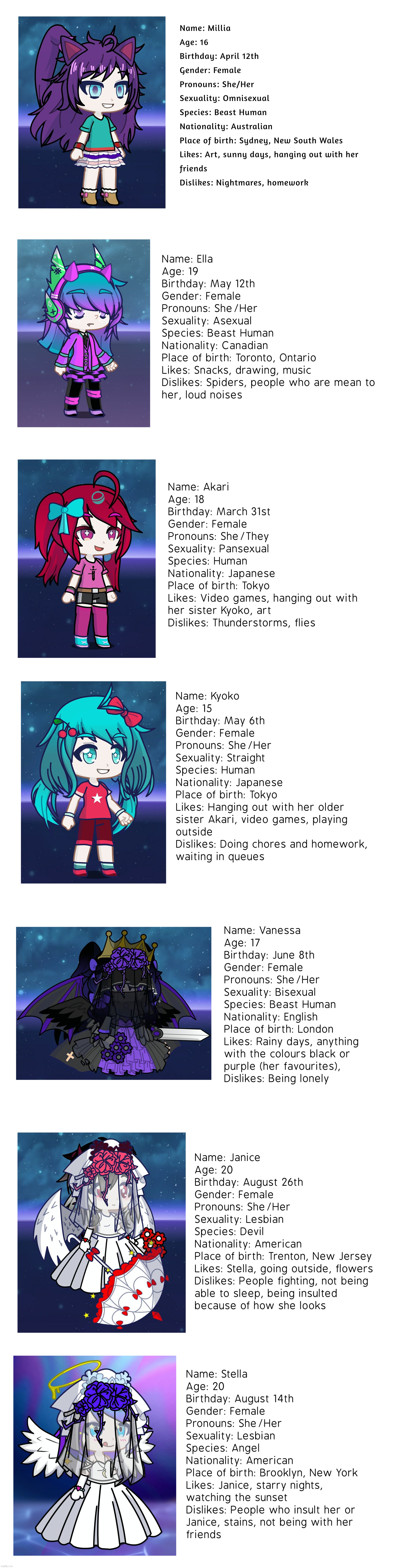 Thought I'd share some of my Gacha Life OCs! Feel free to use any of these as long as you credit me! | image tagged in gacha life,ocs,gacha | made w/ Imgflip meme maker