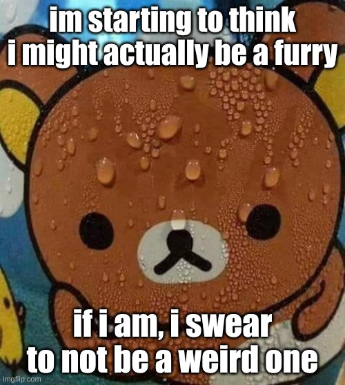 f u n | im starting to think i might actually be a furry; if i am, i swear to not be a weird one | image tagged in bear sweating nervously | made w/ Imgflip meme maker