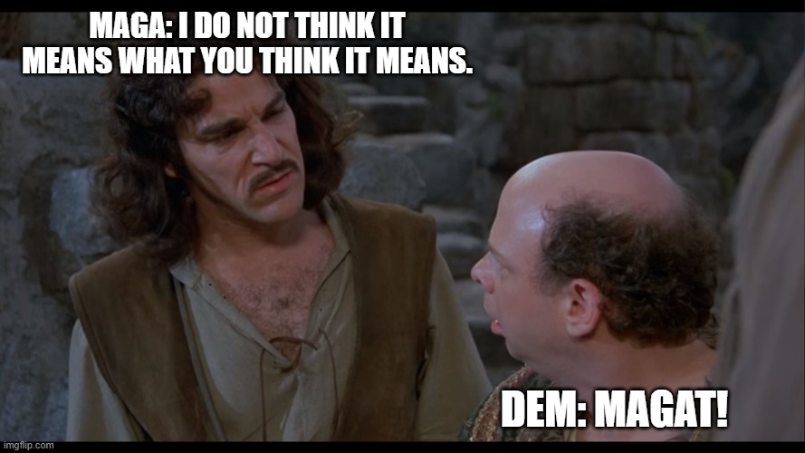I do not think it means what you think it means | MAGA: I DO NOT THINK IT MEANS WHAT YOU THINK IT MEANS. DEM: MAGAT! | image tagged in i do not think it means what you think it means | made w/ Imgflip meme maker