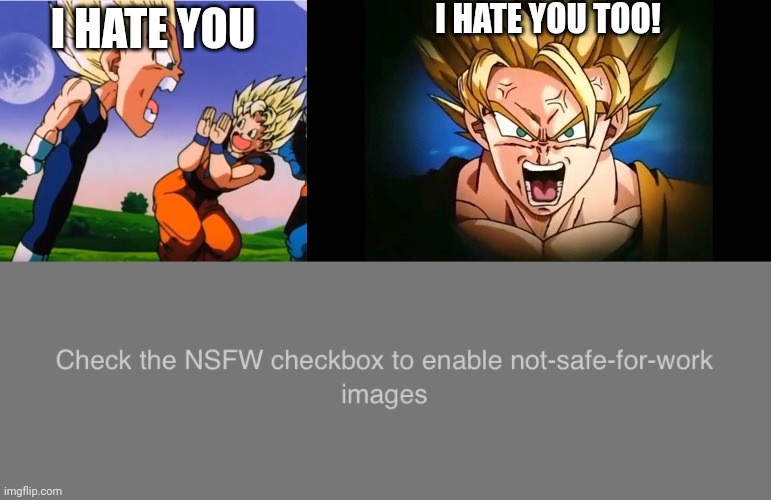 I HATE YOU I HATE YOU TOO! | image tagged in vegeta angry,dbz goku yelling,check the nsfw checkbox to enable not-safe-for-work images | made w/ Imgflip meme maker