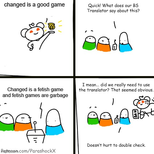 changed is a good game; Changed is a fetish game and fetish games are garbage | image tagged in reddit bs translator | made w/ Imgflip meme maker