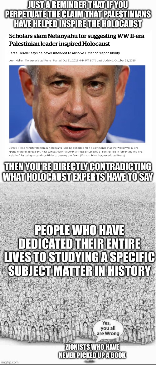 Yk you’re cooked when you find yourself doing Holocaust revisionism to maintain your viewpoint | JUST A REMINDER THAT IF YOU PERPETUATE THE CLAIM THAT PALESTINIANS HAVE HELPED INSPIRE THE HOLOCAUST; THEN YOU’RE DIRECTLY CONTRADICTING WHAT HOLOCAUST EXPERTS HAVE TO SAY; PEOPLE WHO HAVE DEDICATED THEIR ENTIRE LIVES TO STUDYING A SPECIFIC SUBJECT MATTER IN HISTORY; ZIONISTS WHO HAVE NEVER PICKED UP A BOOK | image tagged in yes you are all wrong | made w/ Imgflip meme maker