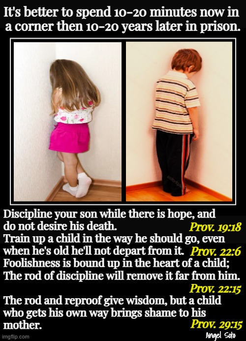 discipline your child while there is hope | It's better to spend 10-20 minutes now in 
a corner then 10-20 years later in prison. Discipline your son while there is hope, and
do not desire his death.
Train up a child in the way he should go, even
when he's old he'll not depart from it.
Foolishness is bound up in the heart of a child;
The rod of discipline will remove it far from him.
P
The rod and reproof give wisdom, but a child
who gets his own way brings shame to his
mother. Prov. 19:18; Prov. 22:6; Prov. 22:15; Prov. 29:15; Angel Soto | image tagged in discipline your child while there is hope,raising kids with proverbs,discipline,proverb,prison,children | made w/ Imgflip meme maker