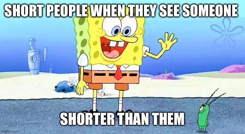 SpongeBob | SHORT PEOPLE WHEN THEY SEE SOMEONE; SHORTER THAN THEM | image tagged in short people | made w/ Imgflip meme maker