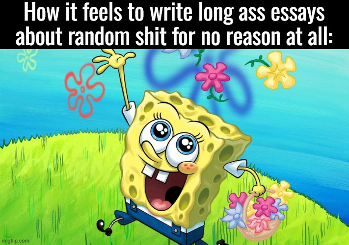 How it feels to write long ass essays about random shit for no reason at all: | made w/ Imgflip meme maker