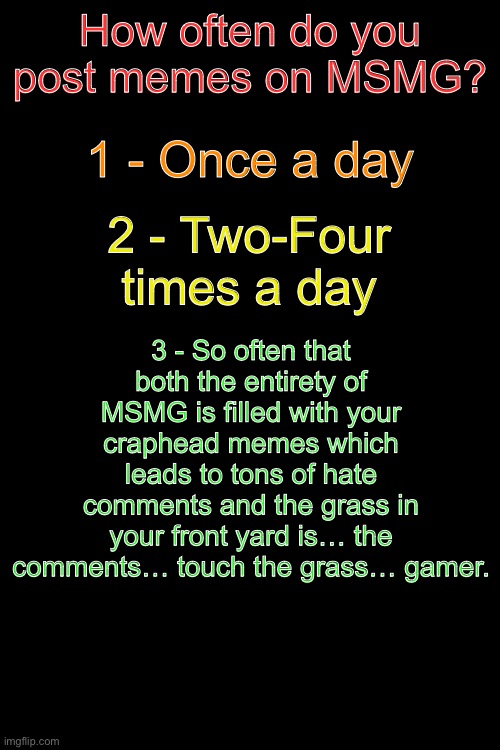 How often do you post memes on MSMG? | How often do you post memes on MSMG? 1 - Once a day; 2 - Two-Four times a day; 3 - So often that both the entirety of MSMG is filled with your craphead memes which leads to tons of hate comments and the grass in your front yard is… the comments… touch the grass… gamer. | image tagged in funny,memes,msmg,fun,funny memes,unfunny | made w/ Imgflip meme maker