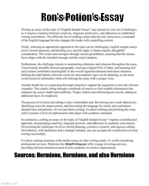 Ron's Essay | Ron's Potion's Essay; Sources: Hermione, Hermione, and also Hermione | image tagged in hermione granger,ron weasley,harry potter | made w/ Imgflip meme maker