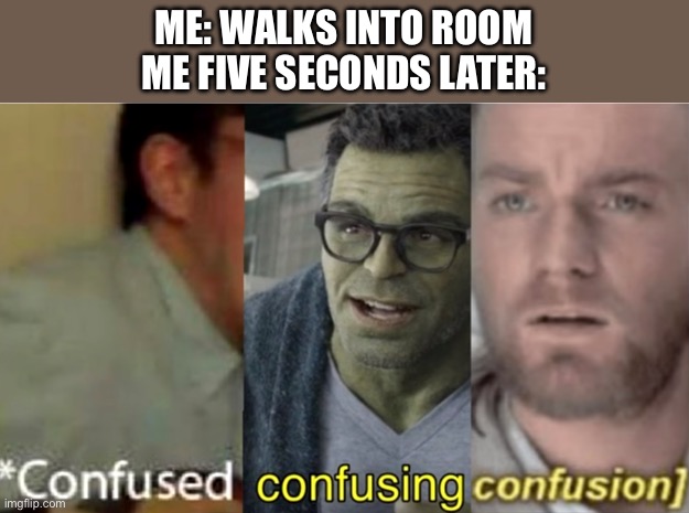confused confusing confusion | ME: WALKS INTO ROOM
ME FIVE SECONDS LATER: | image tagged in confused confusing confusion | made w/ Imgflip meme maker