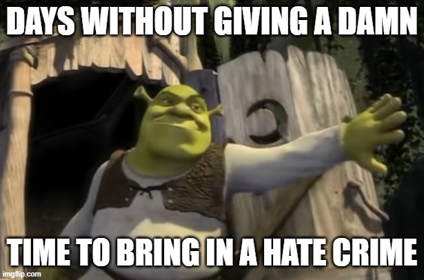 Shrek Opens the Door | DAYS WITHOUT GIVING A DAMN; TIME TO BRING IN A HATE CRIME | image tagged in shrek opens the door | made w/ Imgflip meme maker