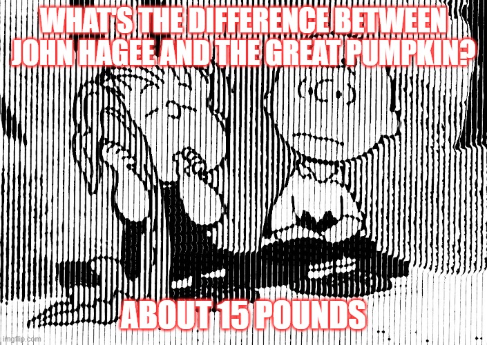 John Hagee by the NUMBERS | WHAT'S THE DIFFERENCE BETWEEN JOHN HAGEE AND THE GREAT PUMPKIN? ABOUT 15 POUNDS | image tagged in evangelicals,end of the world,fantasy,christian | made w/ Imgflip meme maker