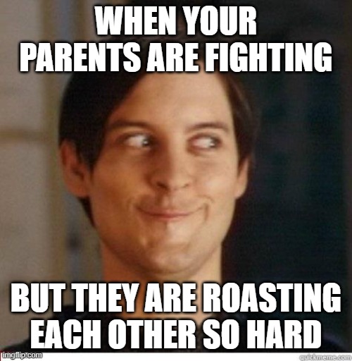 Popcorn please | WHEN YOUR PARENTS ARE FIGHTING; BUT THEY ARE ROASTING EACH OTHER SO HARD | image tagged in toby maguire | made w/ Imgflip meme maker