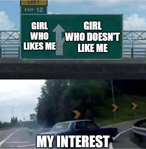 why i get rejected. | GIRL WHO LIKES ME; GIRL WHO DOESN'T LIKE ME; MY INTEREST | image tagged in car turning | made w/ Imgflip meme maker