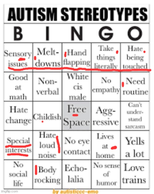 I am a white demigirl | image tagged in autism stereotypes bingo | made w/ Imgflip meme maker