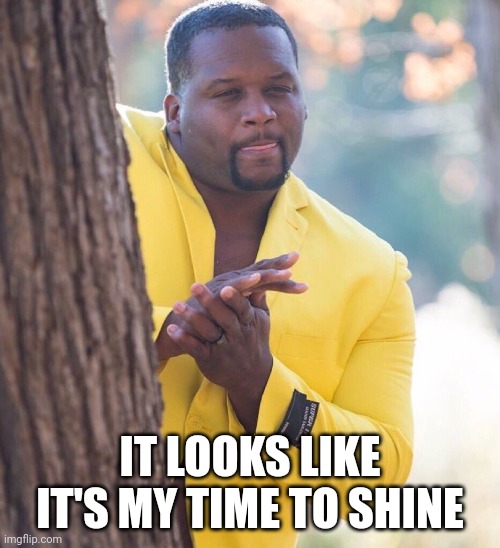 Black guy hiding behind tree | IT LOOKS LIKE IT'S MY TIME TO SHINE | image tagged in black guy hiding behind tree | made w/ Imgflip meme maker