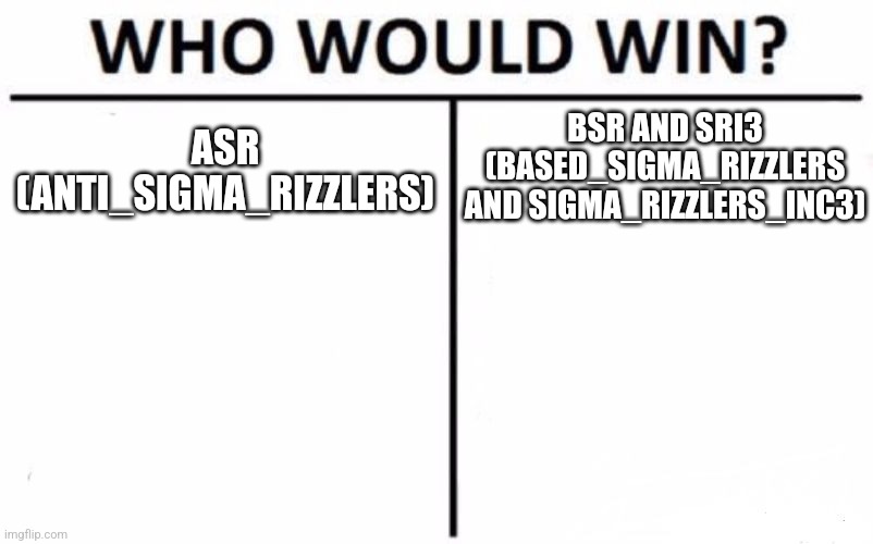 Who Would Win? | BSR AND SRI3 (BASED_SIGMA_RIZZLERS AND SIGMA_RIZZLERS_INC3); ASR (ANTI_SIGMA_RIZZLERS) | image tagged in memes,who would win,streams,imgflip | made w/ Imgflip meme maker