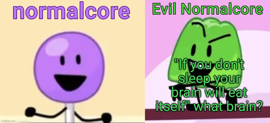 Normalcore and evil normalcore shared temp (thx myself) | "If you don't sleep your brain will eat itself" what brain? | image tagged in normalcore and evil normalcore shared temp thx myself | made w/ Imgflip meme maker