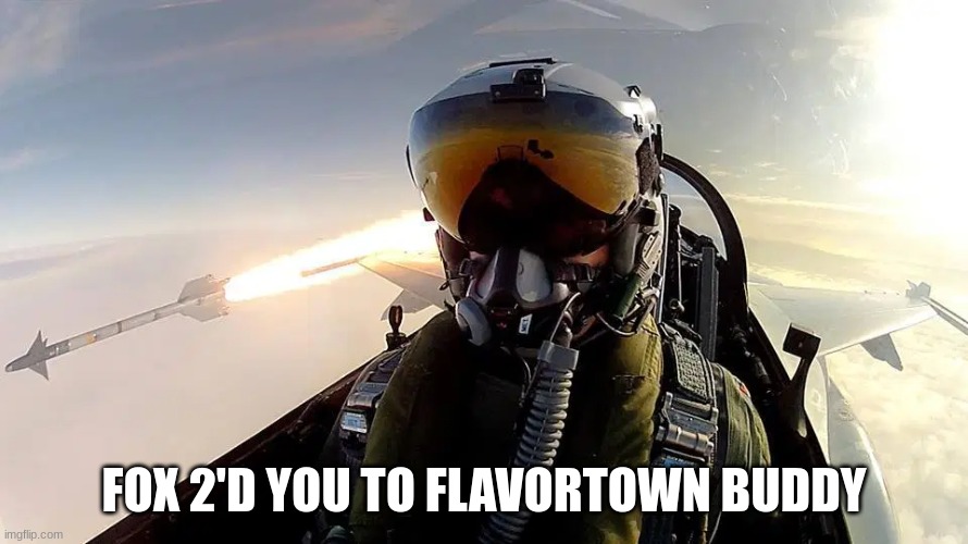 Fighter pilot missile | FOX 2'D YOU TO FLAVORTOWN BUDDY | image tagged in fighter pilot missile | made w/ Imgflip meme maker