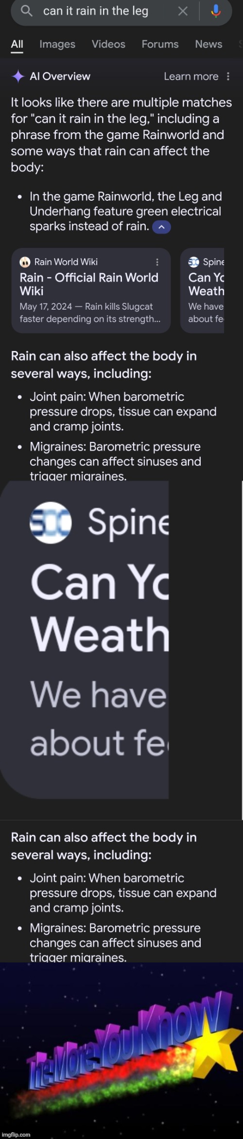 Thanks, Google, I definitely was talking about pain in the human leg, NOT about a region in Rain World! | image tagged in the more you know,rain world,rainworld,ai screwups,funny,memes | made w/ Imgflip meme maker