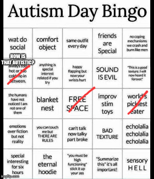 autism bingo | HOW IS THAT AUTISTIC? | image tagged in autism bingo | made w/ Imgflip meme maker