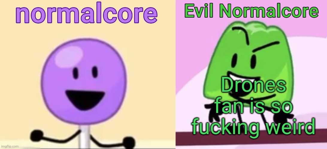 Normalcore and evil normalcore shared temp (thx myself) | Drones fan is so fucking weird | image tagged in normalcore and evil normalcore shared temp thx myself | made w/ Imgflip meme maker