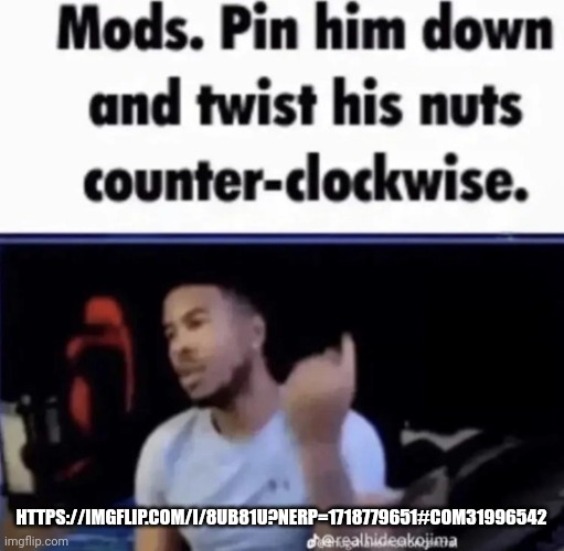 Mods. Pin him down and twist his nuts counter-clockwise. | HTTPS://IMGFLIP.COM/I/8UB81U?NERP=1718779651#COM31996542 | image tagged in mods pin him down and twist his nuts counter-clockwise | made w/ Imgflip meme maker