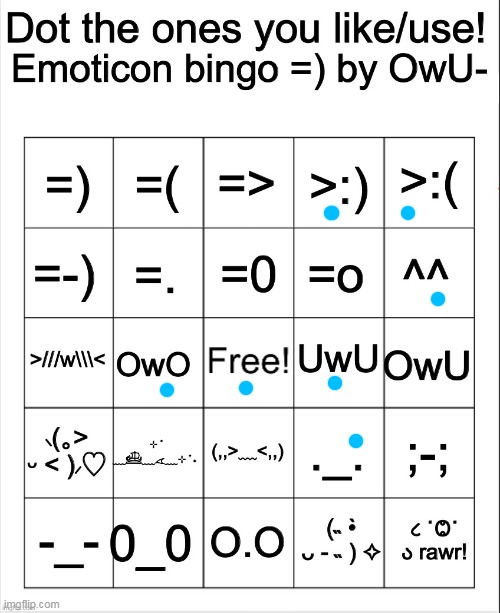 q | image tagged in dot the ones you like/use emoticons bingo by owu | made w/ Imgflip meme maker