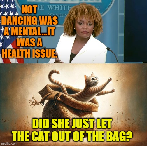 Oh...Karine Jean-Pierre | NOT DANCING WAS A MENTAL...IT WAS A HEALTH ISSUE. DID SHE JUST LET THE CAT OUT OF THE BAG? | image tagged in memes,politics,press secretary,mental,no,health | made w/ Imgflip meme maker