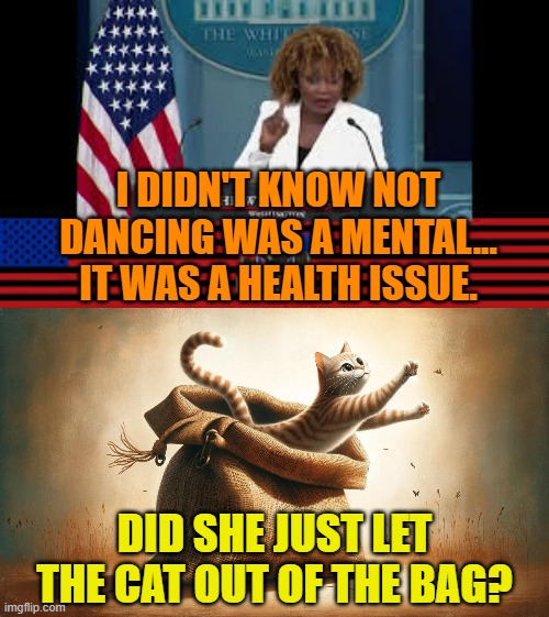 Another Day For Karine Jean-Pierre... | I DIDN'T KNOW NOT DANCING WAS A MENTAL... IT WAS A HEALTH ISSUE. DID SHE JUST LET THE CAT OUT OF THE BAG? | image tagged in memes,joe biden,press secretary,cat,out of the,bag | made w/ Imgflip meme maker