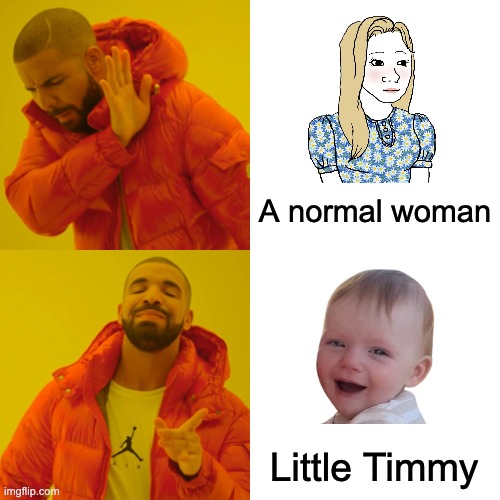 drake's new lover | A normal woman; Little Timmy | image tagged in memes,drake hotline bling,pedophile,drake | made w/ Imgflip meme maker