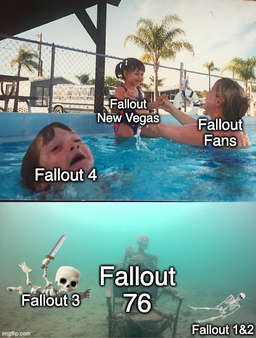 Is this true or not?? | Fallout New Vegas; Fallout Fans; Fallout 4; Fallout 76; Fallout 3; Fallout 1&2 | image tagged in mother ignoring kid drowning in a pool,fallout,fallout 4,fallout 3,fallout new vegas | made w/ Imgflip meme maker