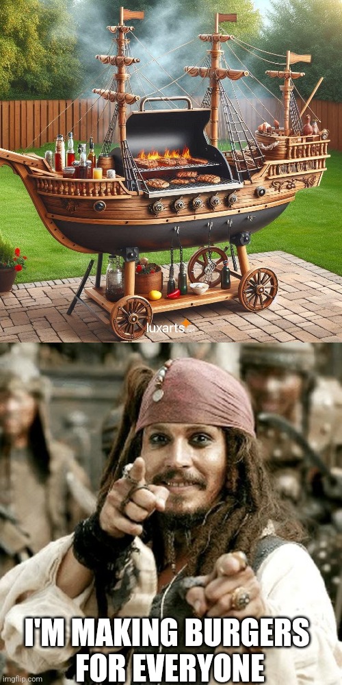 DON'T FORGET THE RUM | I'M MAKING BURGERS 
FOR EVERYONE | image tagged in point jack,pirates,jack sparrow,grill,pirate | made w/ Imgflip meme maker