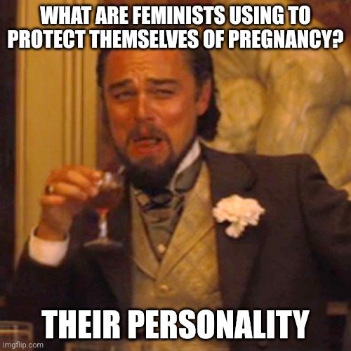 Image Title | WHAT ARE FEMINISTS USING TO PROTECT THEMSELVES OF PREGNANCY? THEIR PERSONALITY | image tagged in memes,laughing leo,feminism,offensive,joke | made w/ Imgflip meme maker