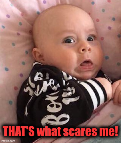 Horrified baby | THAT'S what scares me! | image tagged in horrified baby | made w/ Imgflip meme maker