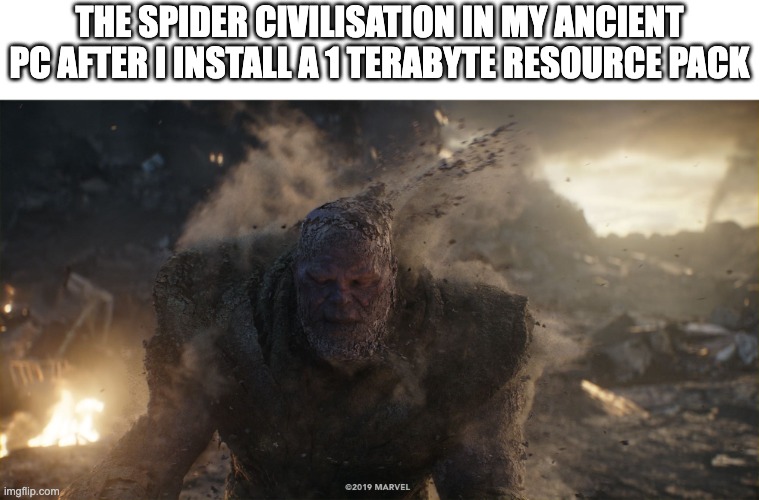 BURNNN | THE SPIDER CIVILISATION IN MY ANCIENT PC AFTER I INSTALL A 1 TERABYTE RESOURCE PACK | image tagged in thanos turns to dust,spider,pc,memes,gaming,minecraft | made w/ Imgflip meme maker