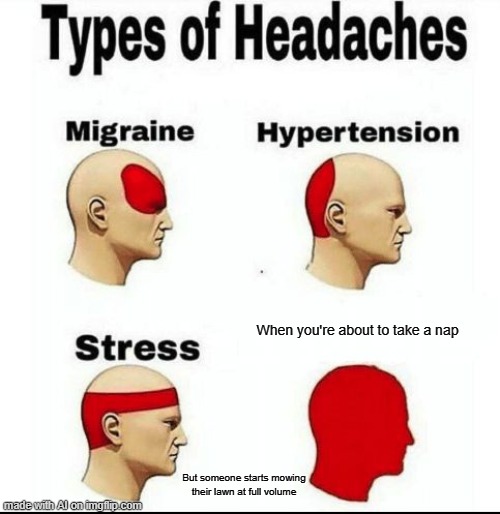 Types of Headaches meme | When you're about to take a nap; But someone starts mowing their lawn at full volume | image tagged in types of headaches meme | made w/ Imgflip meme maker