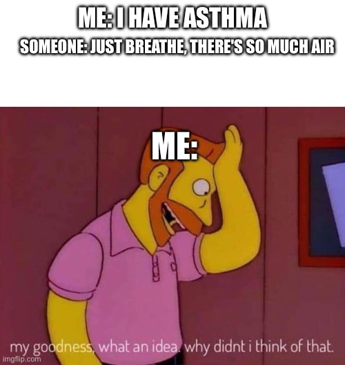 There's so much air! | ME: I HAVE ASTHMA; SOMEONE: JUST BREATHE, THERE'S SO MUCH AIR; ME: | image tagged in my goodness what an idea why didn't i think of that,asthma,memes | made w/ Imgflip meme maker
