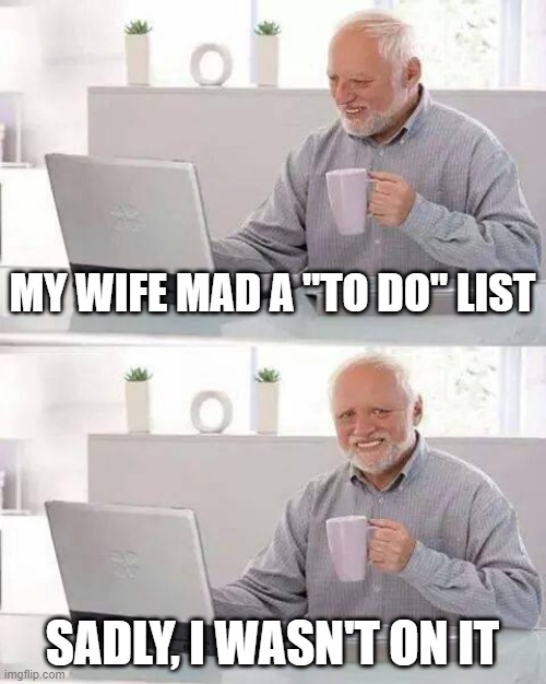 To Do | MY WIFE MAD A "TO DO" LIST; SADLY, I WASN'T ON IT | image tagged in memes,hide the pain harold | made w/ Imgflip meme maker