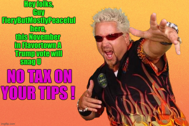 Your Money ! | Hey folks, Guy FieryButMostlyPeaceful here, 
this November 
in Flavortown A 
Trump vote will snag U; NO TAX ON YOUR TIPS ! | image tagged in guy fiery,political meme,politics,funny memes,funny | made w/ Imgflip meme maker