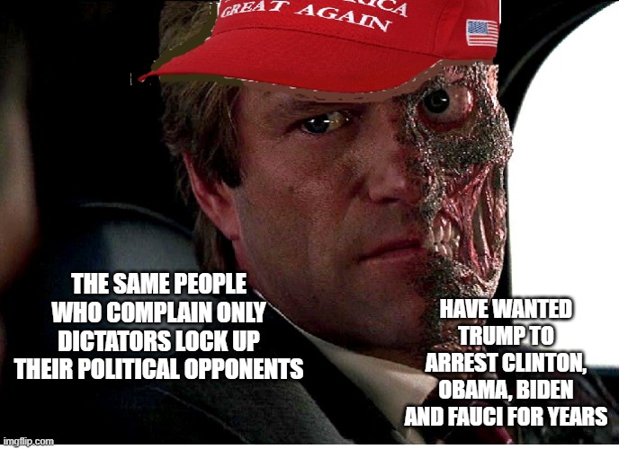 Two Face Maga | HAVE WANTED TRUMP TO ARREST CLINTON, OBAMA, BIDEN AND FAUCI FOR YEARS; THE SAME PEOPLE WHO COMPLAIN ONLY DICTATORS LOCK UP THEIR POLITICAL OPPONENTS | image tagged in two face maga | made w/ Imgflip meme maker