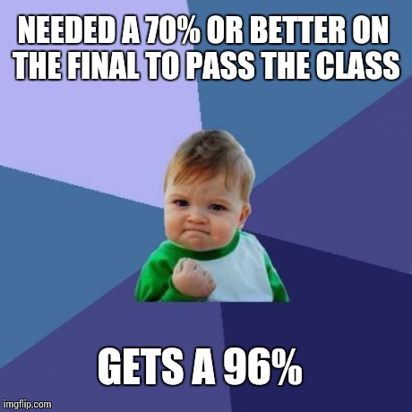 Success Kid Meme | NEEDED A 70% OR BETTER ON THE FINAL TO PASS THE CLASS GETS A 96% | image tagged in memes,success kid,AdviceAnimals | made w/ Imgflip meme maker