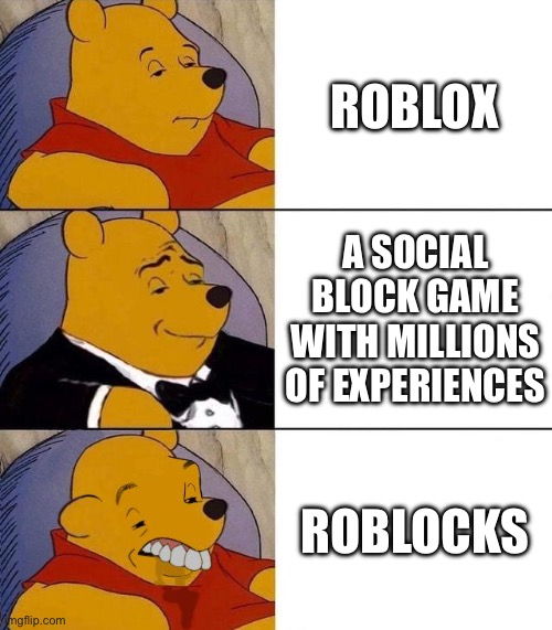 how to describe roblox | ROBLOX; A SOCIAL BLOCK GAME WITH MILLIONS OF EXPERIENCES; ROBLOCKS | image tagged in best better blurst,tuxedo winnie the pooh 3 panel,roblox,roblox meme | made w/ Imgflip meme maker