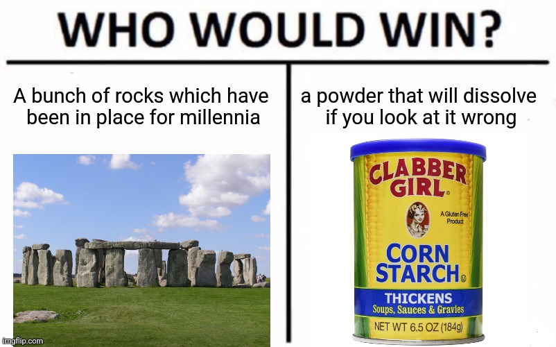 yet another piece of western civilization completely destroyed | A bunch of rocks which have 
been in place for millennia; a powder that will dissolve 
if you look at it wrong | image tagged in memes,who would win | made w/ Imgflip meme maker