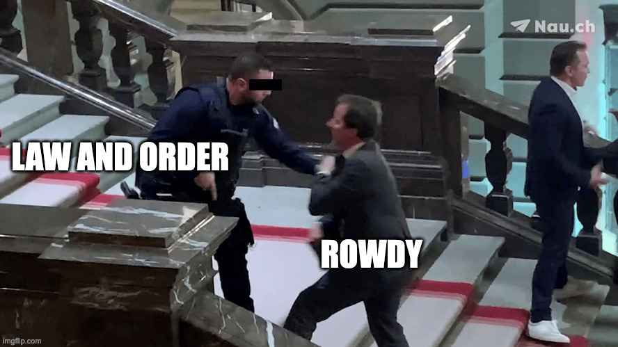 Swiss Parliament Idiot | LAW AND ORDER; ROWDY | image tagged in aeschi im bundeshaus | made w/ Imgflip meme maker