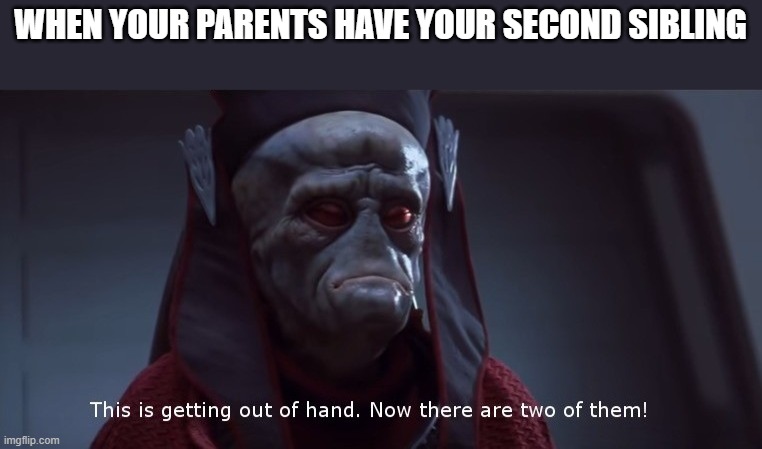 Siblings! | WHEN YOUR PARENTS HAVE YOUR SECOND SIBLING | image tagged in viceroy newt gunray star wars this is getting out of hand,family,siblings | made w/ Imgflip meme maker