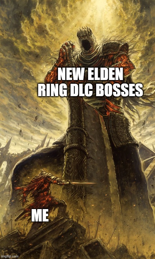 1 day till Elden Ring dlc | NEW ELDEN RING DLC BOSSES; ME | image tagged in yhorm dark souls | made w/ Imgflip meme maker