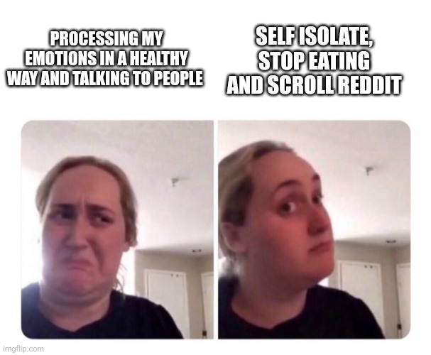 No yes lady | SELF ISOLATE, STOP EATING AND SCROLL REDDIT; PROCESSING MY EMOTIONS IN A HEALTHY WAY AND TALKING TO PEOPLE | image tagged in no yes lady | made w/ Imgflip meme maker
