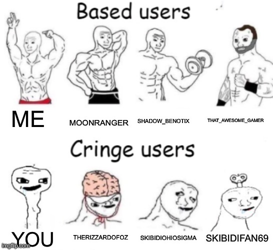 Based users v.s. cringe users | ME MOONRANGER SHADOW_BENOTIX THAT_AWESOME_GAMER YOU THERIZZARDOFOZ SKIBIDIOHIOSIGMA SKIBIDIFAN69 | image tagged in based users v s cringe users | made w/ Imgflip meme maker